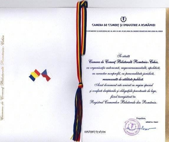 Camera de Comert si Industrie Romania-Cehia a primit din Partea Camerei de Comert si Industrie a Romaniei atestarea oficiala